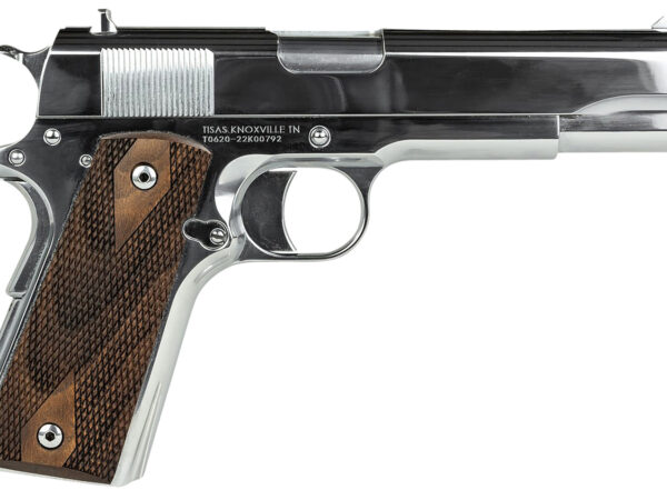 Tisas 10100513 1911 Regulator Full Size Frame 9mm Luger/38 Super 9+1 5" Stainless Steel Barrel, Polished Chrome Steel Serrated Slide, Chrome High Polished Steel Frame w/Beavertail, Turkish Walnut Grip