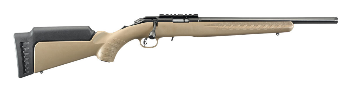 Ruger 8370 American Rimfire 22 WMR 15+1 16" Satin Blued Threaded Barrel & Alloy Steel Receiver w/Picatinny Rail, Black/FDE High Comb Synthetic Stock, Thread Protector 1 188974