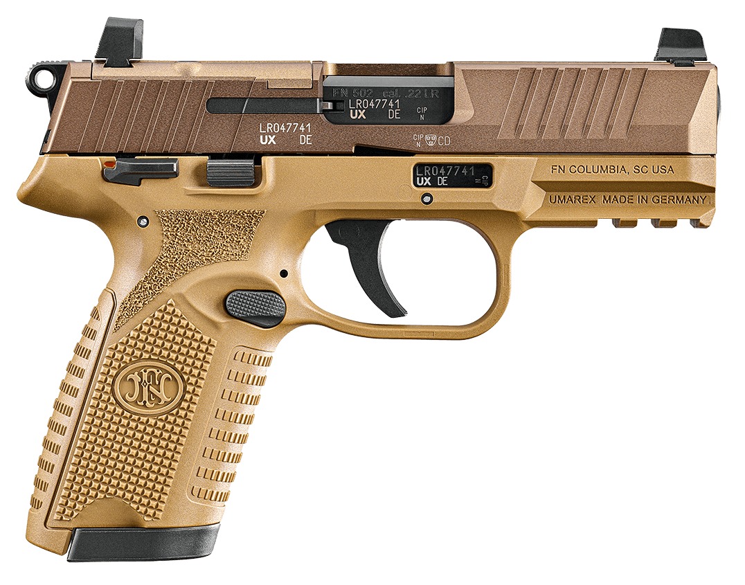 FN 66102318 502 MRD 22 LR 10+1 4" Black Target Crown Barrel, Flat Dark Earth Optic Ready/Serrated Slide, Flat Dark Earth Polymer Frame w/Picatinny Rail, Textured Grip, Ambidextrous 1 190697