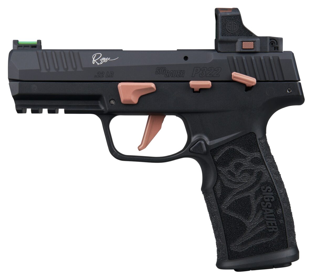 Sig Sauer 322CROSERS P322 Rose w/Optic 22 LR 20+1 4" Black Barrel, Black Anodized Serrated w/Optic Slide, Black Stainless Steel Frame w/Picatinny Rail, Rose Laser Engraved Black Polymer Grip, Sig ROME 1 194459