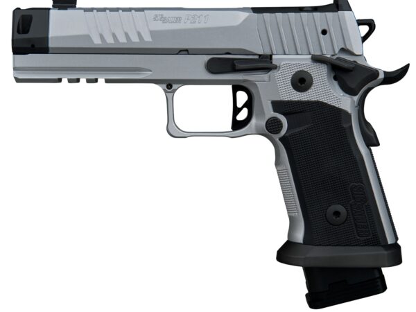 Sig Sauer 211F9GTOSILVER P211 Quicksilver Full Size 9mm Luger 23+1 4.40" Stainless Bull w/MACH3D Compensator Barrel, Silver Cerakote Stainless Steel Integrated Compensator/Optic Ready/Serrated Slide &