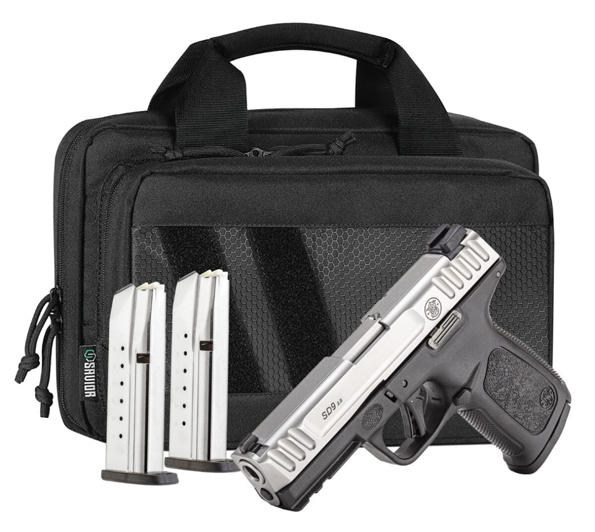 Smith & Wesson 14954 SD9 2.0 Bundle Compact Frame 9mm Luger 16+1 4" Satin Stainless Steel Serrated Slide, Black Polymer Frame w/Picatinny Rail, Textured Grip, Savior Bag, Three Mags 1 201615