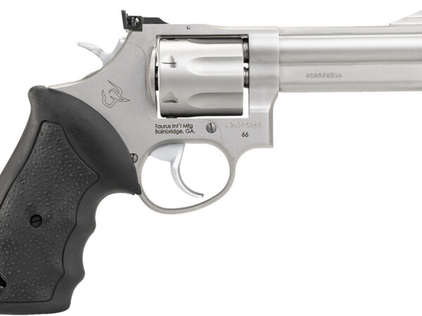 Taurus 2-660049 66  Medium 357 Mag/38 Special +P 7 Shot 4" Matte Stainless Steel Barrel, Cylinder & Frame, Black Finger Grooved Rubber Grip, Transfer Bar Safety, Exposed Hammer