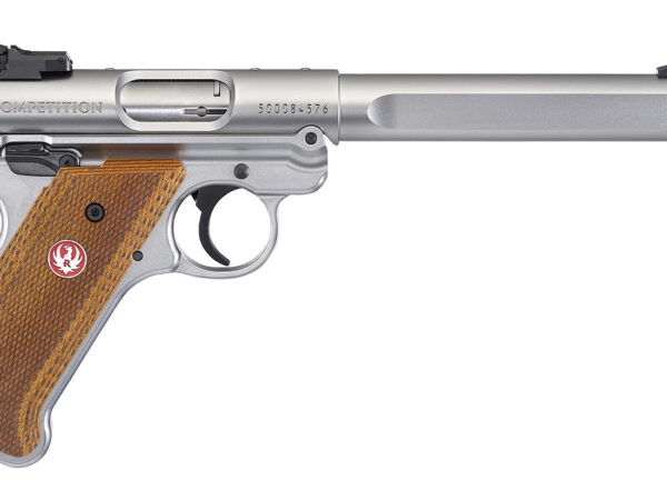 Ruger 40112 Mark IV Competition 22 LR 10+1 6.88" Satin Stainless Slab-Sided Bull Barrel, Satin Stainless Steel/Optic Ready Slide, Checkered Laminate w/Thumbrest Grip