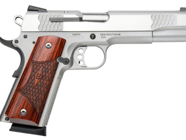 Smith & Wesson 108482 1911 E-Series Serrated Frame 45 ACP 8+1 5" Stainless Steel Barrel, Satin Stainless Serrated Slide & Frame w/Beavertail, Laminate Wood Grip